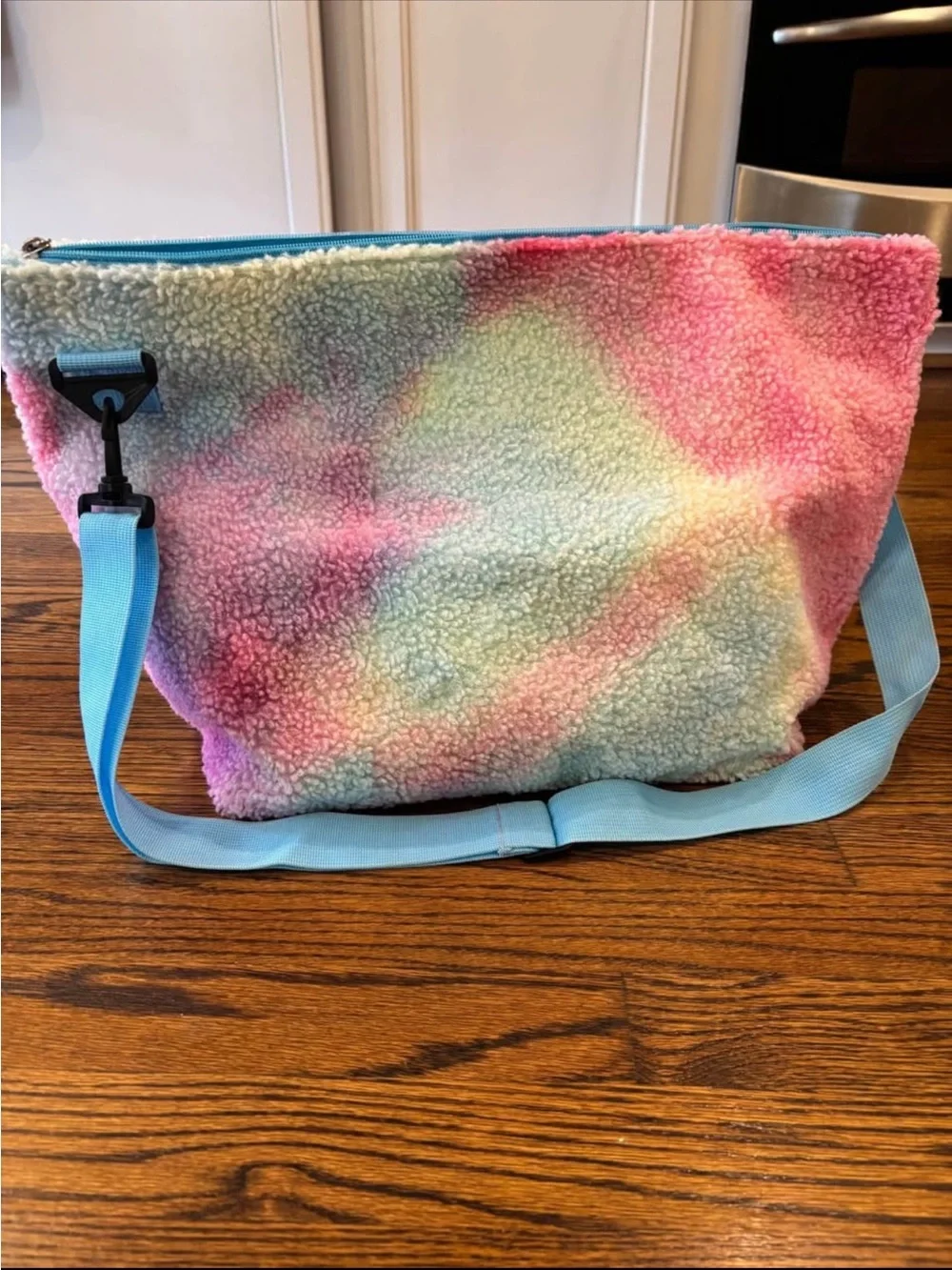 Pastel Tie-Dye Sherpa Crossbody Bag with Blue Strap